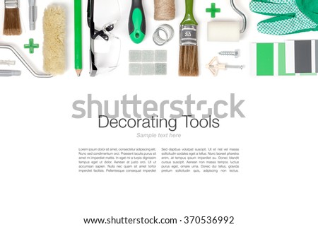 decorating and house renovation tools and accessories on white background. flat lay composition in green colors with copy space