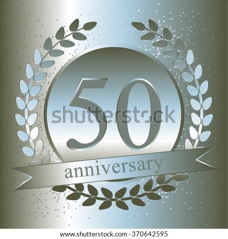 Vector illustration of Silver laurel wreath and ribbon. Anniversary - 50.