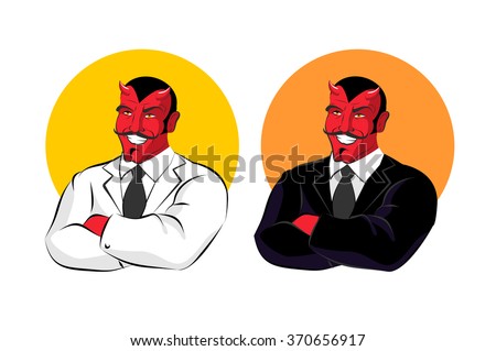Devil in business suit. Red demon white jacket. Satan with horns black clothes. whitey shirt and ebon tie. Director of underworld Sheol. Master in fires of hell. Lucifer with moustache and smile

