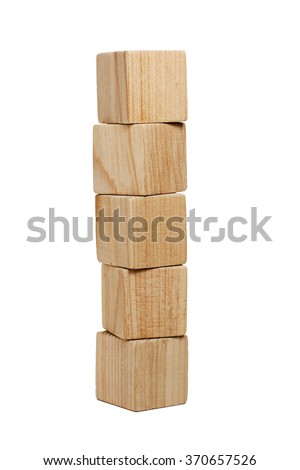 Five natural wooden bricks in tower isolated Royalty-Free Stock Photo #370657526