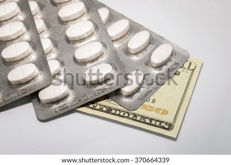 Bottle of prescription pills over dollar bills