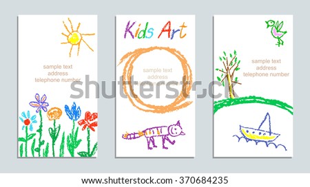 Set of wax crayon kid`s drawn colorful cards with hand drawing flowers, cat, sun, tree, ship on white. Hand drawn art background. Child`s painting pastel chalk lines and design elements, vector. Royalty-Free Stock Photo #370684235