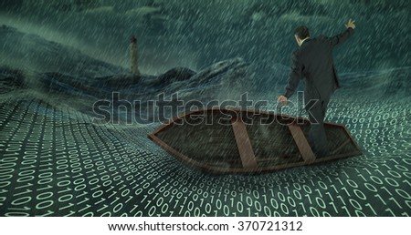 Businessman balancing in boat against stormy sea with lighthouse