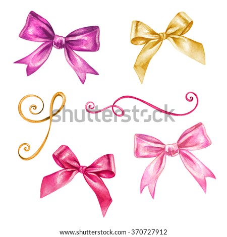 watercolor ribbon and bow romantic illustration, valentines day design elements isolated on white background, festive clip art