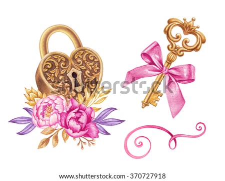 watercolor key, heart shaped lock and flowers, romantic illustration, valentines day design elements isolated on white background, festive clip art