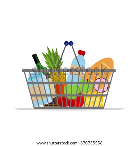 Full basket with different food. Supermarket shopping basket.  Flat vector icon. For card, web, icons, shops 
