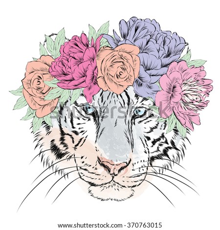 Vector tiger in a wreath of flowers. Hipster. Vector illustration for greeting card, poster, or print on clothes.