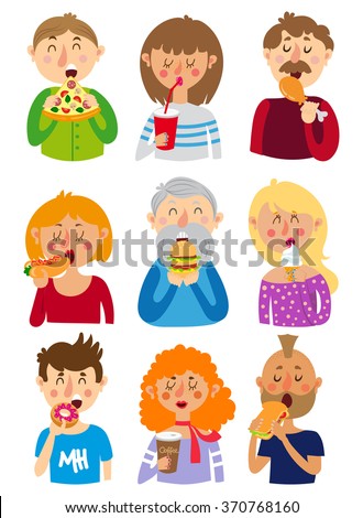 Set of colorful cartoon. People eat fast food