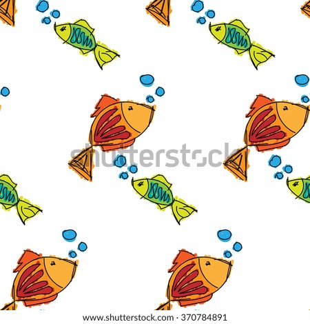 Fish contour hand drawn colored on a white background, seamless pattern