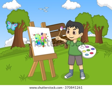 artist boy painting on canvas in the park cartoon vector illustration