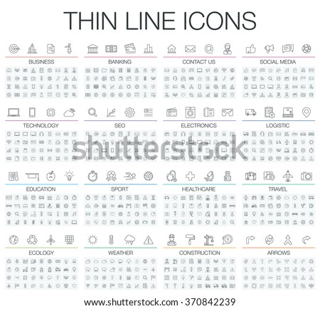 Vector illustration of thin line icons for business, banking, contact, social media, technology, seo, logistic, education, sport, medicine, travel, weather, construction, arrow. Linear symbols set. Royalty-Free Stock Photo #370842239