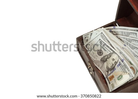 Vintage Opened Brown Wood Box With American Dollar One Hundred Bills Isolated On White Background, Top View, Close Up