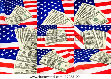 American dollars and flag. Stock image. Top image