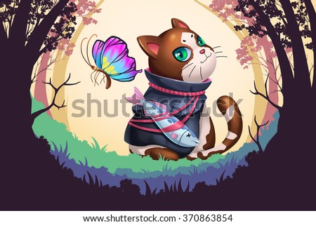 Creative Illustration and Innovative Art: Cat Hero Start Adventure! Realistic Fantastic Cartoon Style Artwork Scene, Wallpaper, Story Background, Card Design