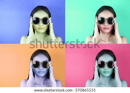 Picture of beautiful retro-styled woman in sunglasses on different background, Pop art portrait.