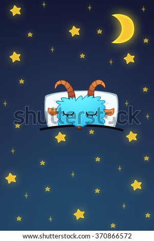 Creative Illustration and Innovative Art: Blue Goat Sleeping under the Starry Night with Stars and Moon! Realistic Fantastic Cartoon Style Artwork Scene, Wallpaper, Story Background, Card Design