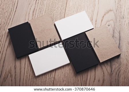 Set of empty business cards on wood table. Blank cards.