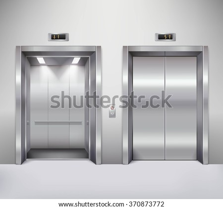 Open and closed chrome metal office building elevator doors realistic vector illustration Royalty-Free Stock Photo #370873772