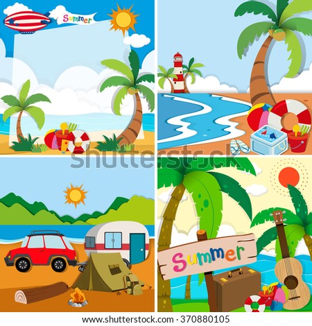 Four scenes of summer vacation on the beach illustration