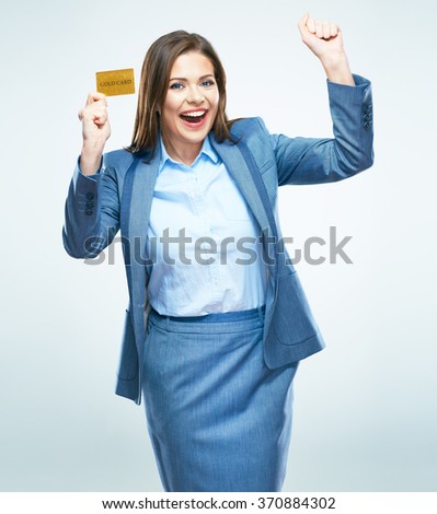 woman winning the lottery. suit credit card show. White background isolated.