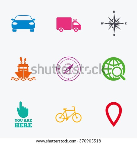 Navigation, gps icons. Windrose, compass and map pointer signs. Bicycle, ship and car symbols. Flat colored graphic icons.