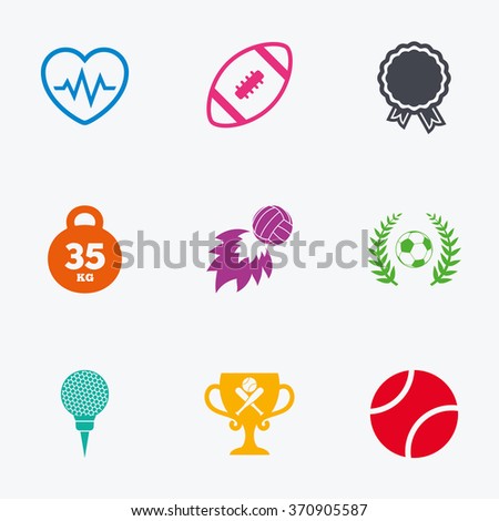 Sport games, fitness icons. Football, golf and baseball signs. Heartbeat, rugby and laurel wreath symbols. Flat colored graphic icons.