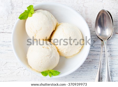 Vanilla Ice Cream with Mint in bowl Homemade Organic product Top view