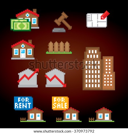 Real estate property rent and sale icons set. Pixel art. Old school computer graphic style.
