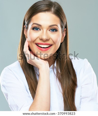 Close up portrait of young business woman leaning face on two hands. isolated portrait. Copy space.