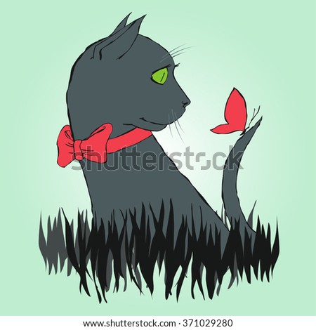vector drawing of a cat who looks at a butterfly on the tail