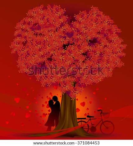 Valentine's Day background with a kissing couple silhouette, heart shaped tree and a box. Vector.