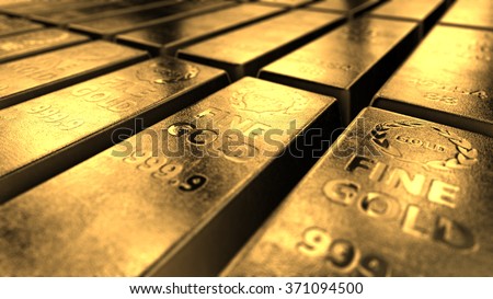 Close-up View Of Shiny Gold Bars Stacked Up In Perfect Rows With Ambient Light Reflected From Its Surfaces. Concept Of Banking And Ultimate Wealth.