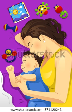A vector illustration of happy mother sleeping together with her baby