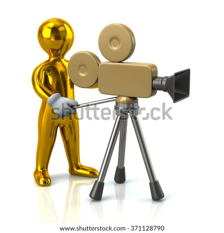 Illustration of golden video camera operator isolated on white background