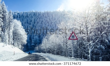 Snowy mountain road in black forest