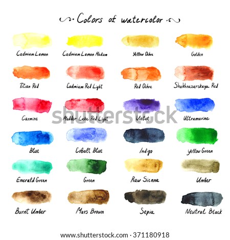 Colors of watercolor. The artistic palette with text list. Hand painting with brush paint tone. Watercolor blot, smudge, blotch, spot, tone, hue. Royalty-Free Stock Photo #371180918