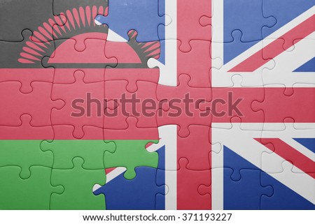 puzzle with the national flag of great britain and malawi . concept