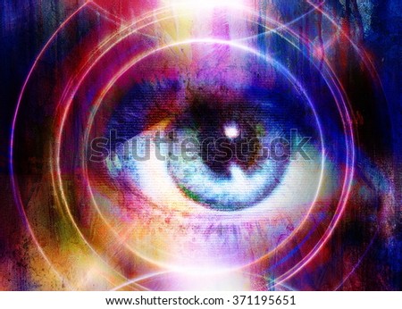 Woman Eye and cosmic space with stars. abstract color background, eye contact.