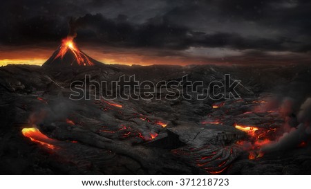 Lava landscape with volcano Royalty-Free Stock Photo #371218723