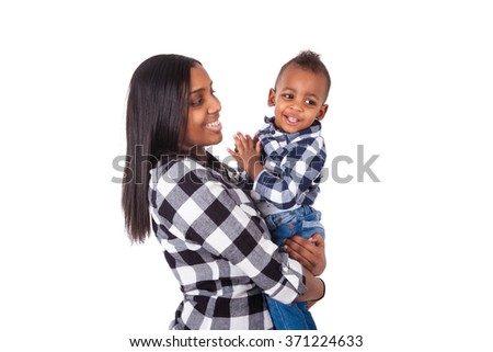 African American mother holding  her little son isolated on white background