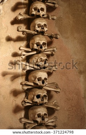 Skulls and bones formed in the artwork. Scary picture from ossuary in Sedlec, Kutna Hora, Czech Republic