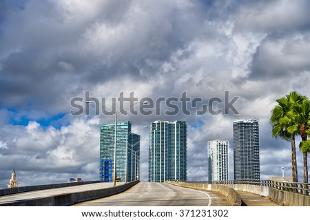 Bright view of exotic beautiful of Miami highway grey road with green palm trees sky scrapers no people and cars in sunny weather outdoor on natural grey cloudy sky background, horizontal picture