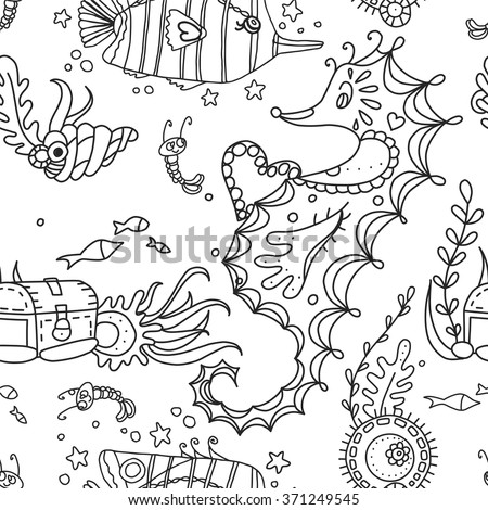 Abstract vector pattern with seahorse, shell, tropical fish seaweed and cute shrimp. Black and white marine texture of sea world. For wallpaper. Doodle hand drawing style. Perfect for adults coloring 