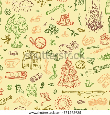 Tourism Seamless pattern. Hand drawn doodle Camping Elements - vector illustration