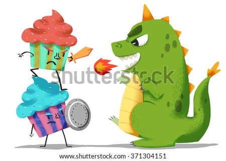 Creative Illustration and Innovative Art: Ice Cream Guardians Fight with Dinosaur Monster. Realistic Fantastic Cartoon Style Artwork Scene, Wallpaper, Story Background, Card Design
