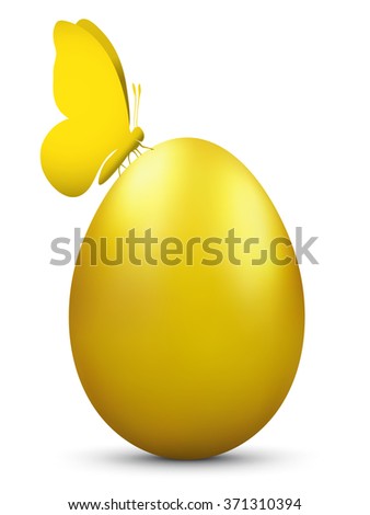Colored Single Golden Vector Easter Egg Close-Up with Butterfly - Isolated on White Background - Traditional Holiday Symbol and Decoration
