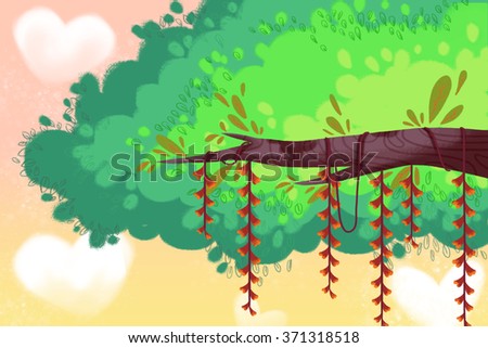 Creative Illustration and Innovative Art: Happy Tree Background. Realistic Fantastic Cartoon Style Artwork Scene, Wallpaper, Story Background, Card Design