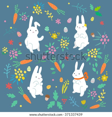 Greeting card with four white Easter rabbits. Easter Bunny.