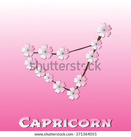 Capricorn vector Zodiac sign. Paper sakura flowers on pink background.