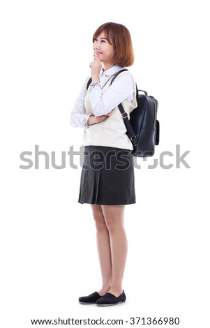 Thinking young Asian student isolated on white background.